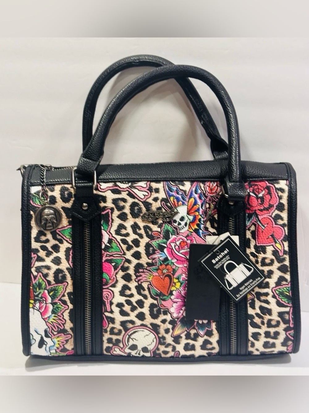 Ed Hardy Floral Skull Leopard Print Satchel - Handbag